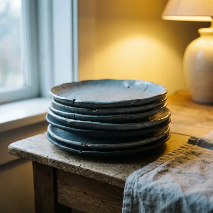 A stack of handmade ceramic plates in cool gray tones, slight imperfections visible, side lit (rmbcjtnr)