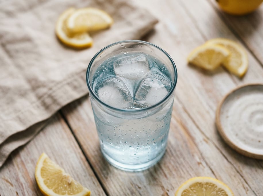 A clear glass of sparkling water with ice, condensation on the glass, cool light (zm3fuabt)