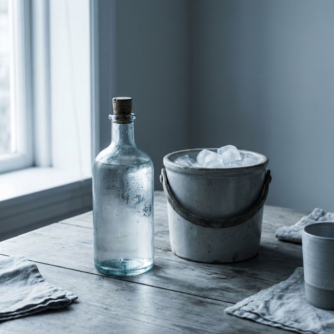 A glass bottle of clear spirit with condensation, ice bucket nearby, cool blue-gray tones (lrwjcihu)