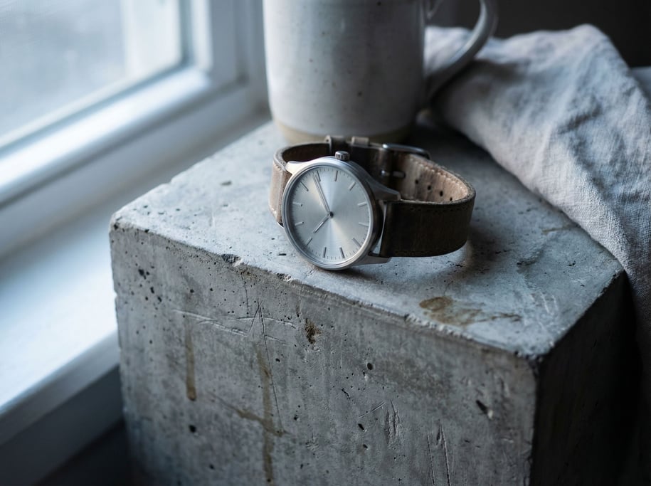 A minimalist watch on a concrete display block, brushed steel case, soft overhead light (zponho39)