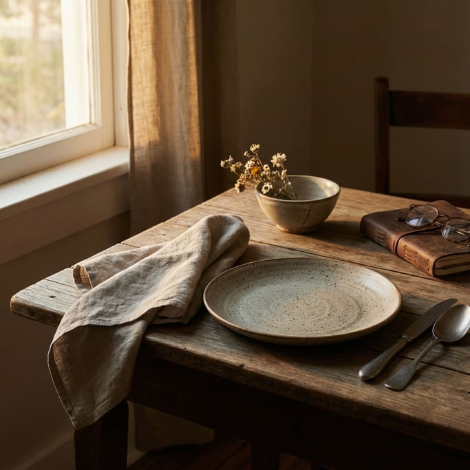 A linen napkin loosely folded beside a ceramic plate and steel cutlery, natural materials (r)