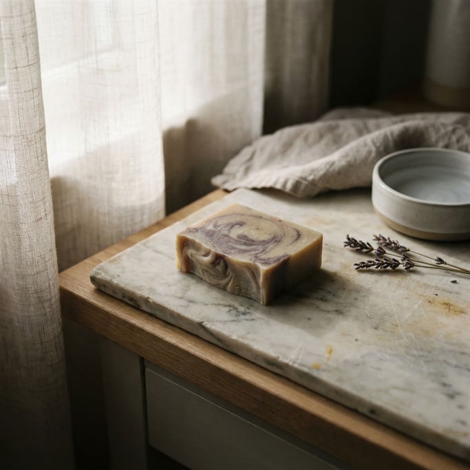 A bar of handmade soap in cool lavender tones, resting on a marble slab (8ulbni)