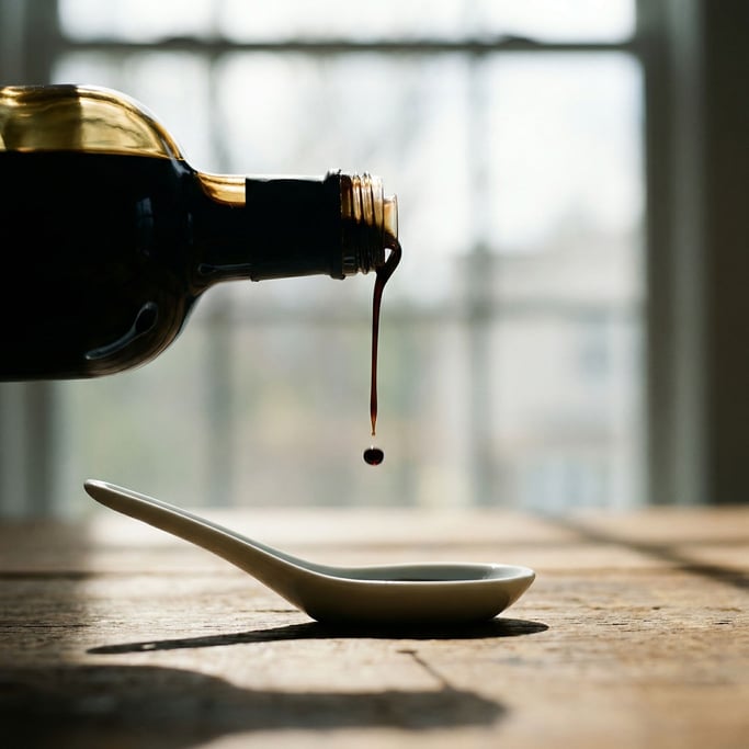 A bottle of aged balsamic vinegar, thick and dark, being poured onto a white spoon (evaq7u8)