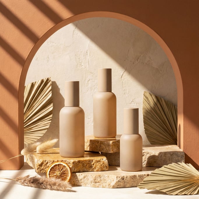 Three matte ceramic skincare bottles in graduated sizes on staggered raw travertine stone pedestals