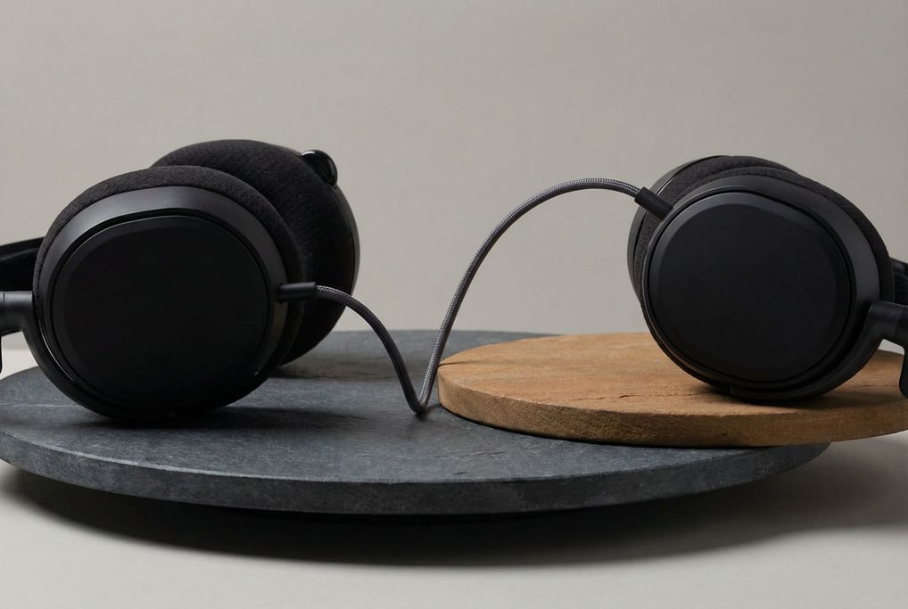 Two matte black headphone ear cups resting on overlapping circular stone platforms of different heig