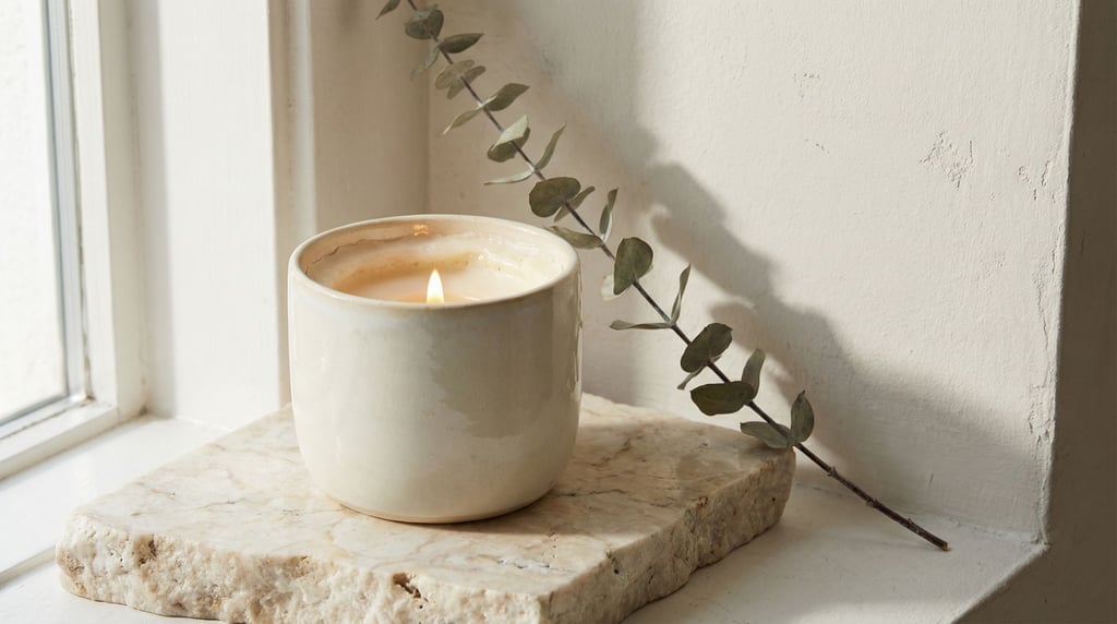 Warm wax catches light unevenly at the rim — a small candle in a hand-thrown ceramic vessel sits on