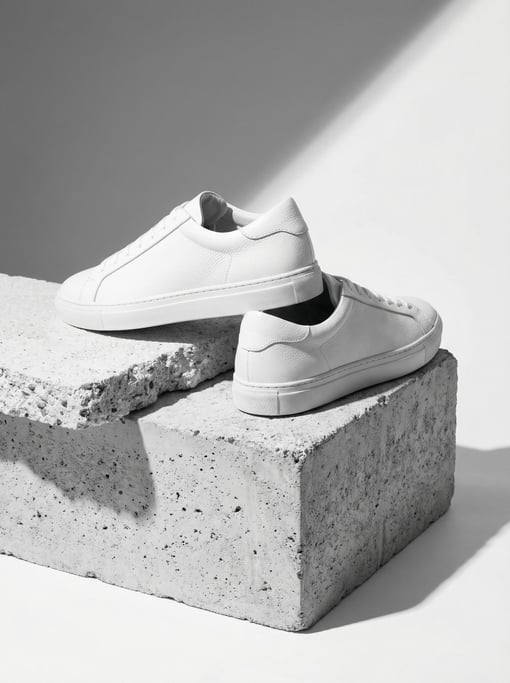 A pair of minimalist white leather sneakers arranged heel-to-toe on a raw concrete block pedestal