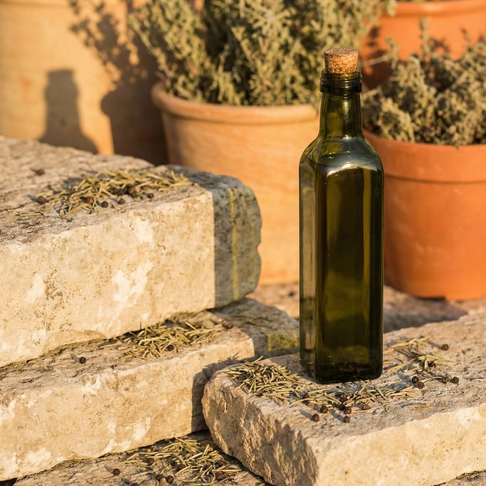 Tiered limestone blocks support a tall slender olive oil bottle in dark green glass