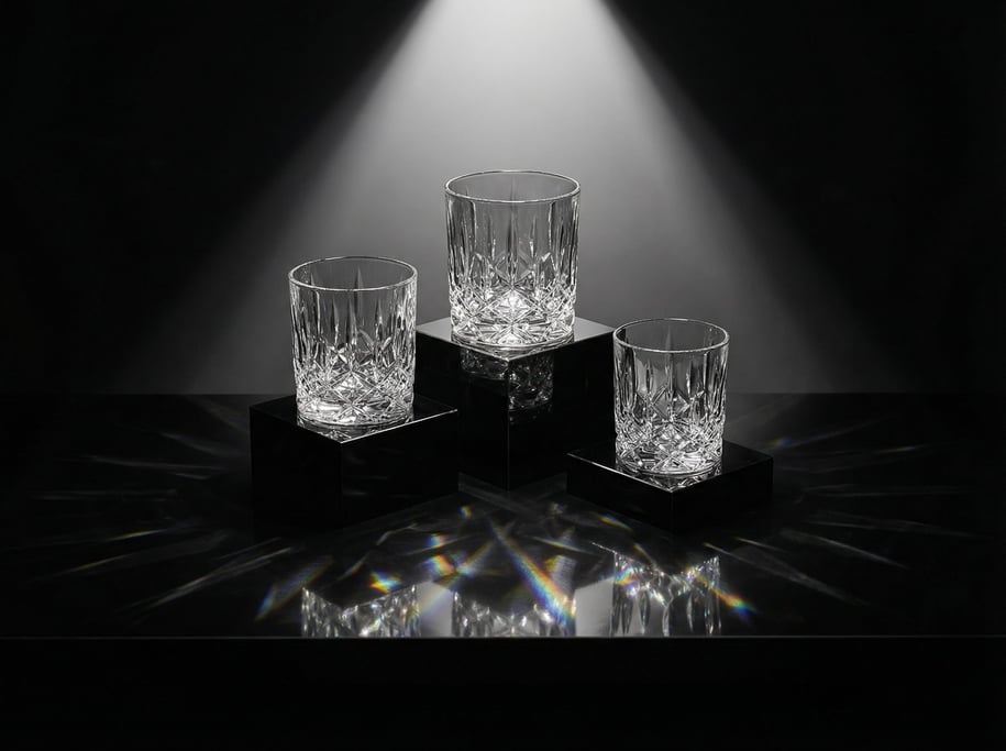 Three different sized glass tumblers with geometric faceted surfaces arranged in a triangular compos