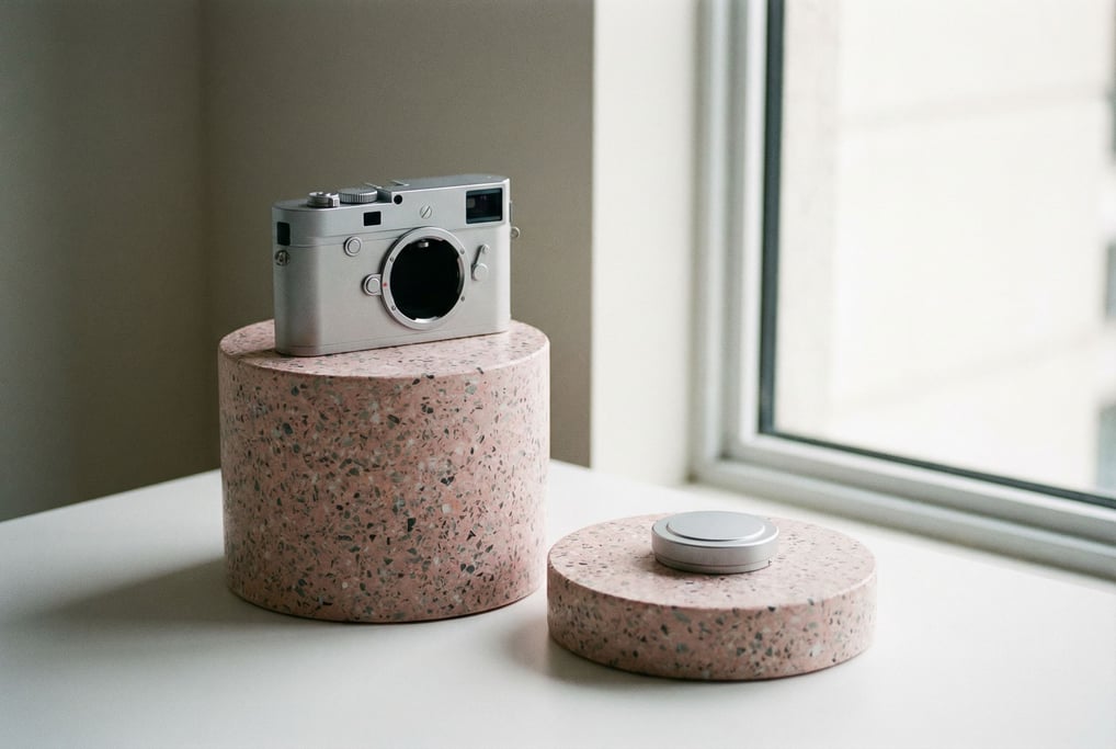 Pink and grey terrazzo pedestals — one tall cylinder