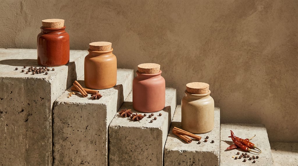 A set of four ceramic spice jars with cork lids arranged in a staggered line on ascending raw concre