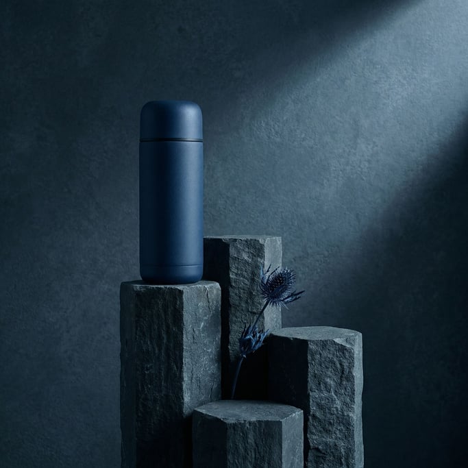 A matte navy blue thermos bottle standing on a hexagonal basalt column pedestal