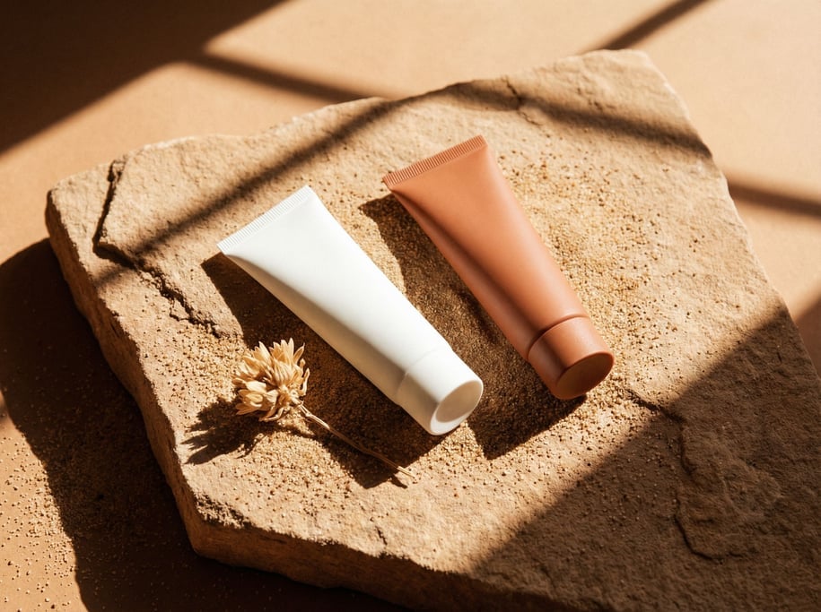 Laid at slight angles on a large flat piece of raw sandstone, two skincare tubes — one matte white