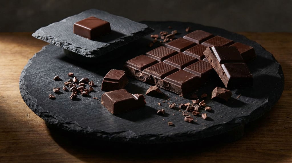 Broken into irregular pieces, a dark chocolate bar sprawls across a raw black slate pedestal