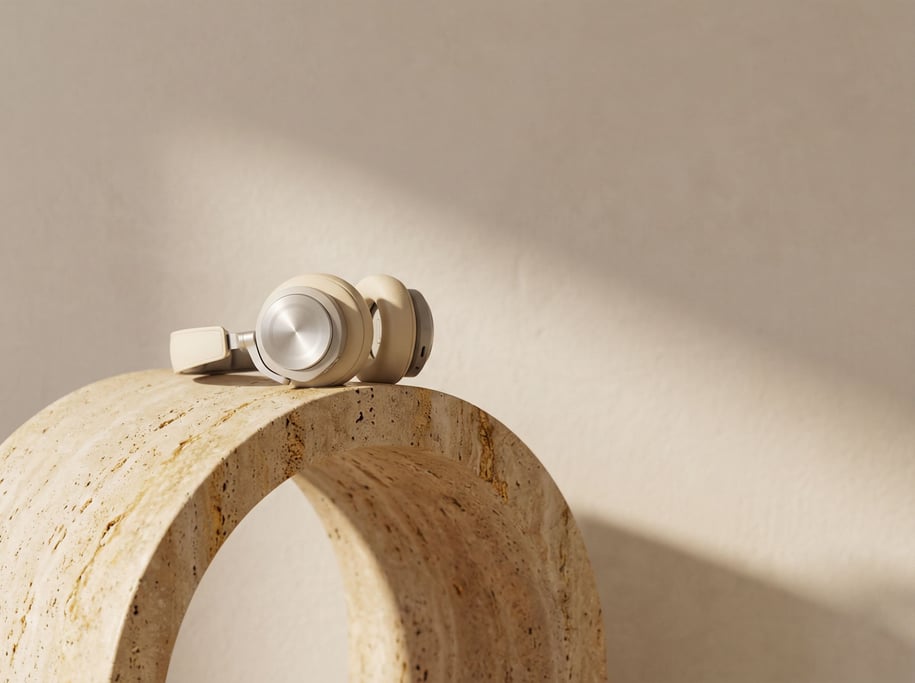 A pair of over-ear headphones in cream leather and brushed aluminum resting on a curved travertine a