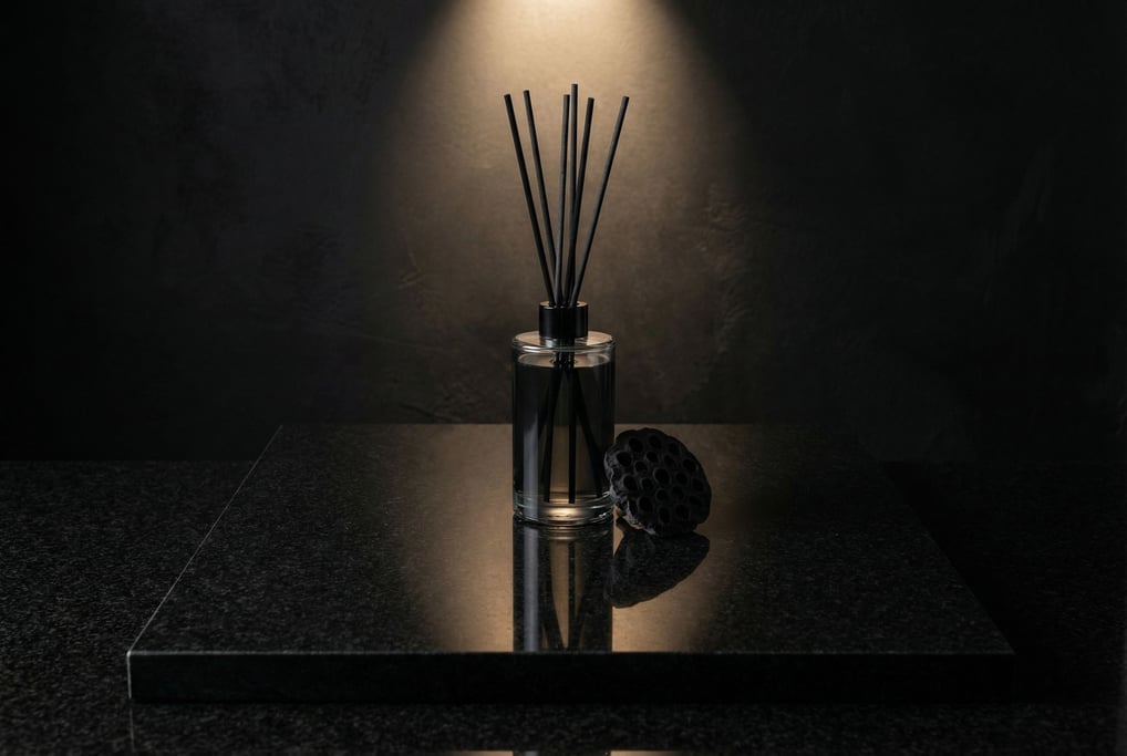 Against polished black granite, a tall reed diffuser bottle in clear glass with black reeds stands i