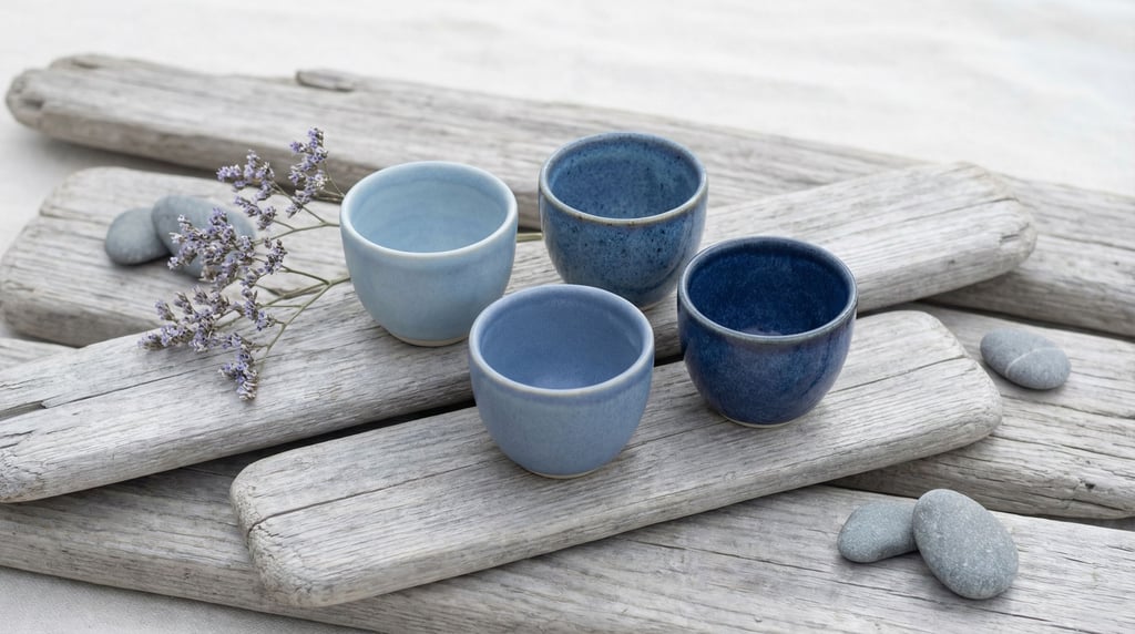 Five small ceramic sake cups in varying shades of blue from pale sky to deep indigo arranged in a lo