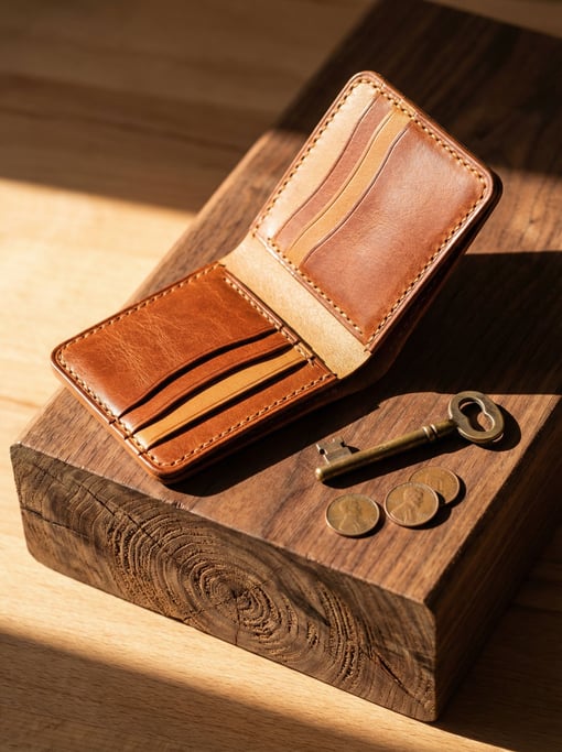Rich cognac leather, open to show its card slots, a wallet rests on a rough-hewn walnut wood block