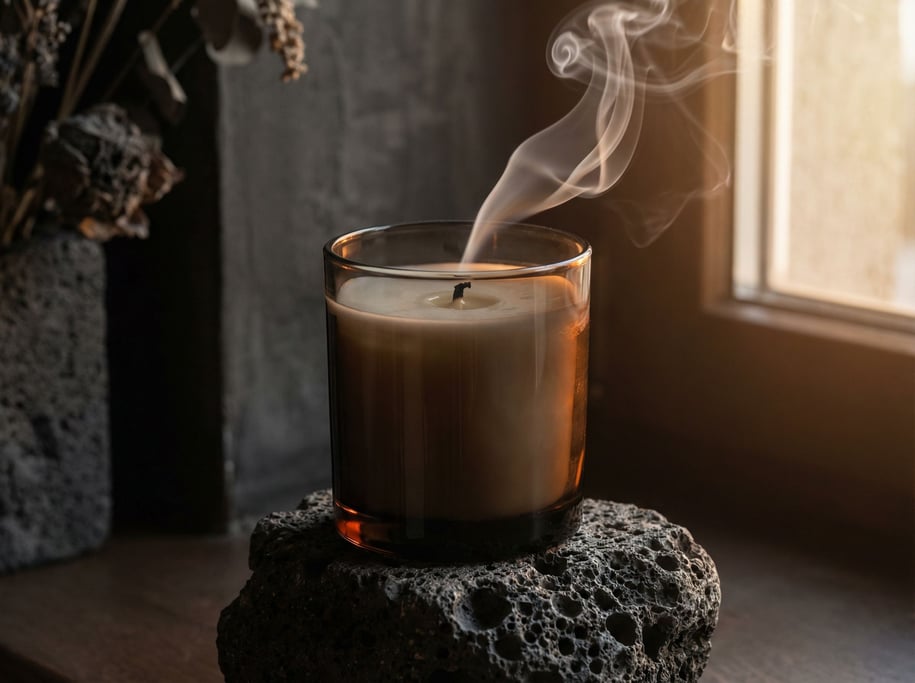 Volcanic rock meets smoked glass: a hand-poured soy candle in a smoky amber vessel sits on a porous