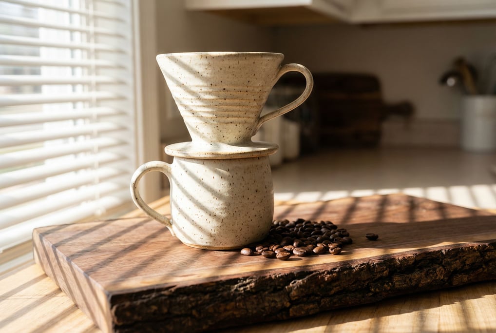 A ceramic pour-over coffee dripper in speckled cream glaze sitting atop a matching mug on a thick sl