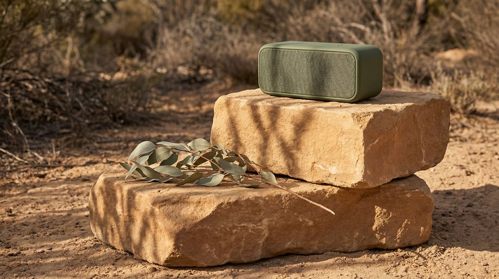 Two rough-cut sandstone blocks, stacked, support a portable bluetooth speaker in matte olive green