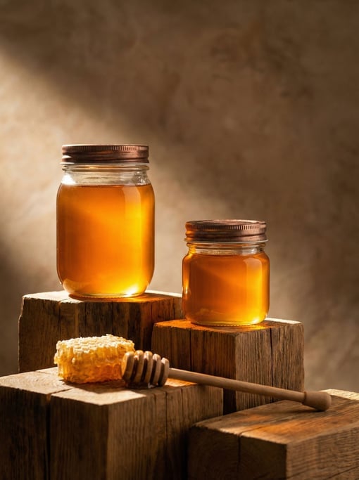 Two glass jars of honey in different sizes with metal lids on staggered wooden pedestal blocks of varying heights