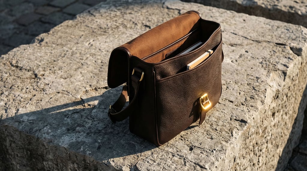 A leather messenger bag in dark brown standing upright on a large rough-cut block of grey limestone