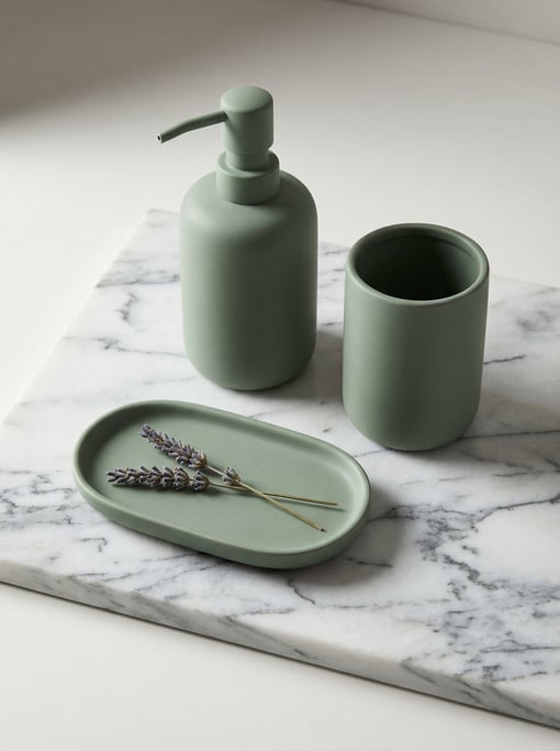 Sage green unifies a trio of matte ceramic bathroom accessories — soap dispenser