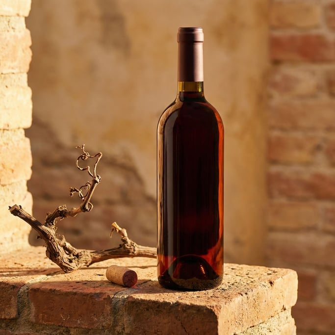A wine bottle in dark burgundy glass with a simple foil cap on a rough terracotta brick pedestal