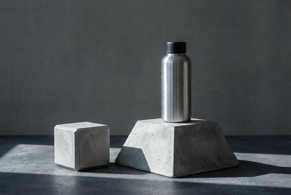 A stainless steel water bottle with a matte black cap on a geometric concrete pedestal shaped like a truncated pyramid