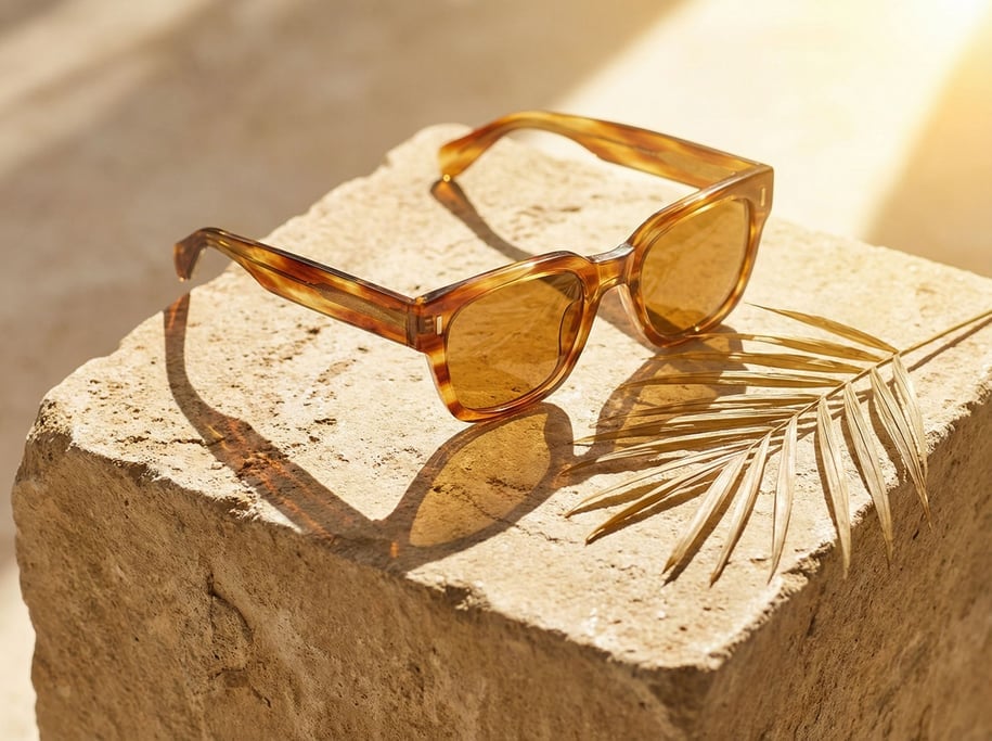 A pair of sunglasses with tortoiseshell acetate frames resting on a sand-colored limestone block pedestal