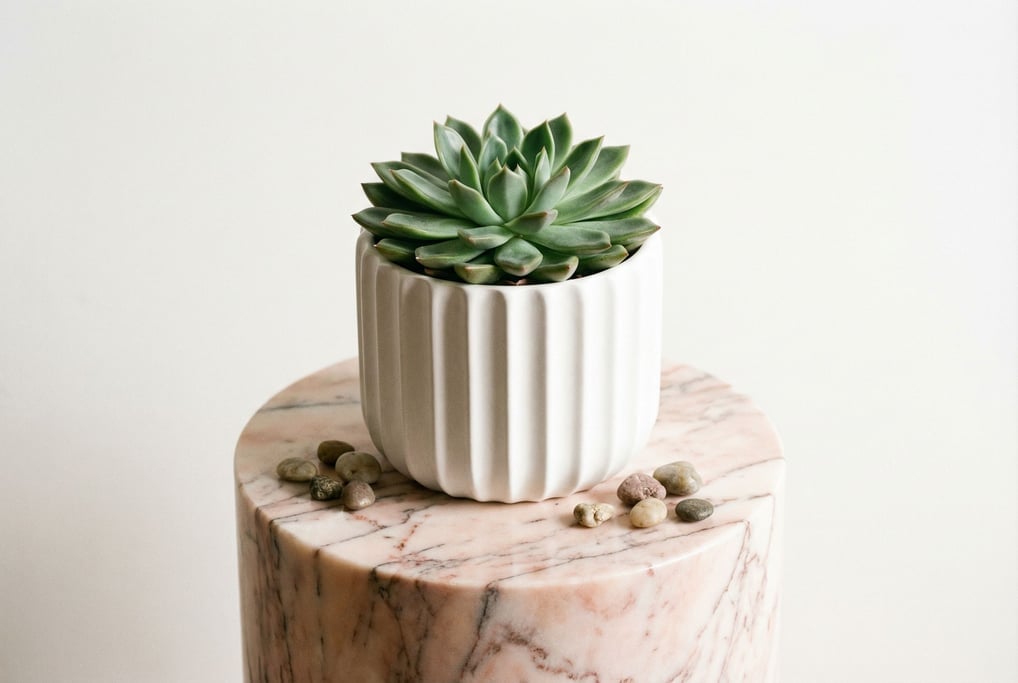A white ribbed ceramic pot holding a perfectly symmetrical succulent rosette sits on a cylindrical marble pedestal with pink veining