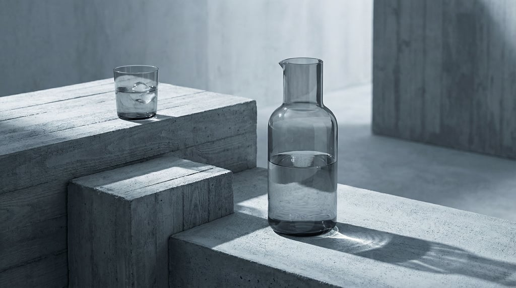 A glass carafe and matching tumbler set in smoke grey on staggered rectangular pedestals of raw poured concrete