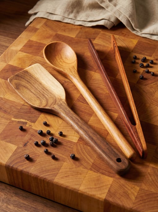 Fanned across a thick slab of end-grain butcher block