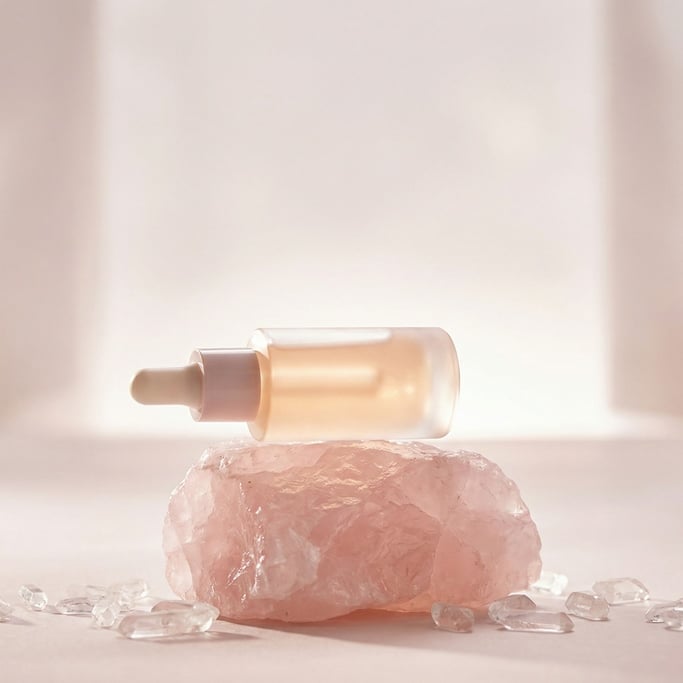 A frosted glass skincare serum bottle with a pipette cap on a rough-cut piece of rose quartz crystal