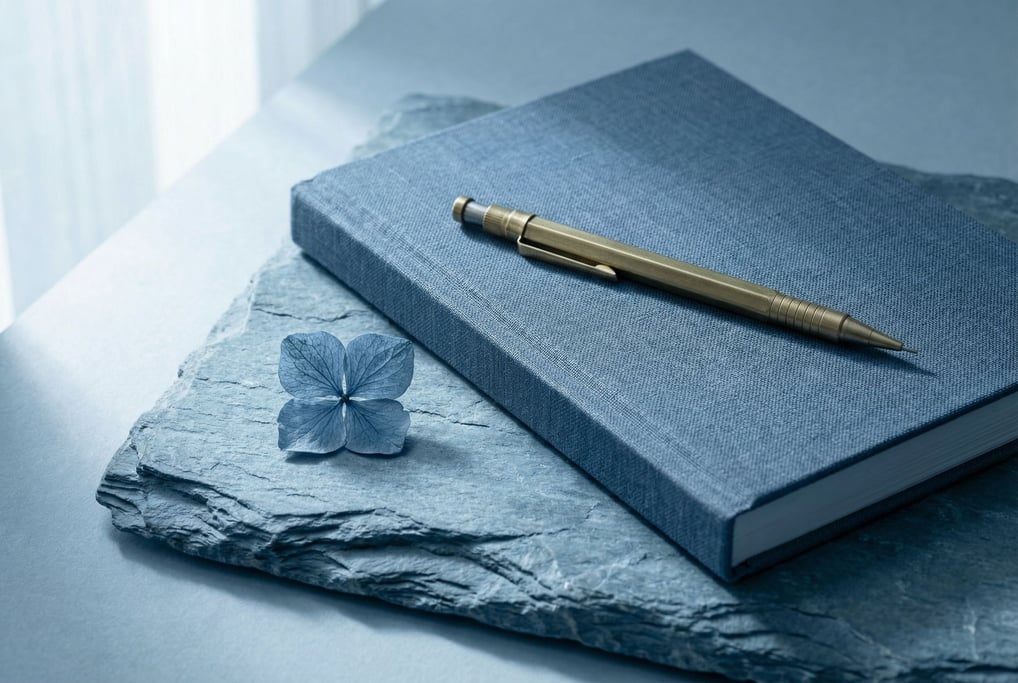 A hardcover notebook with a linen cover in slate blue on a piece of rough blue-grey slate stone
