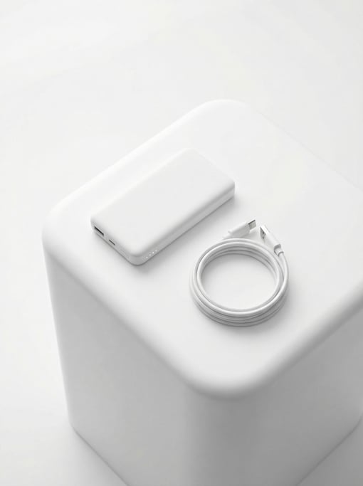 A portable power bank in matte white on a geometric white Corian pedestal with rounded edges