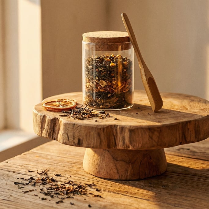 A rough-hewn teak pedestal supports a jar of loose leaf tea with a cork lid