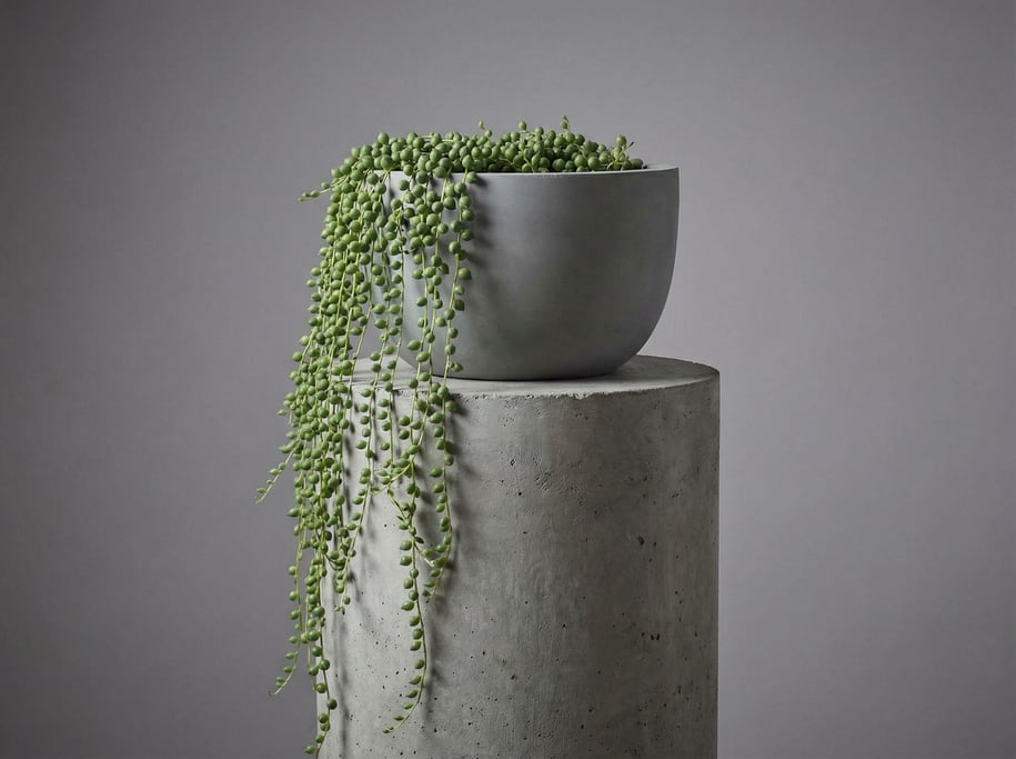 A matte grey cement planter with a trailing string-of-pearls plant on a raw concrete cylinder pedestal
