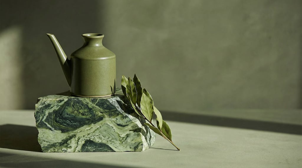 A ceramic oil cruet with a thin spout in matte olive green on a rough-cut piece of green serpentine stone