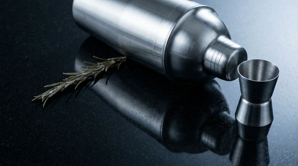 Brushed stainless steel reflects as a soft elongated highlight on the polished black granite beneath a cocktail shaker