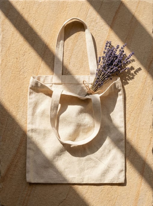 A cotton tote bag in natural unbleached canvas laid flat on a rough piece of light sandstone