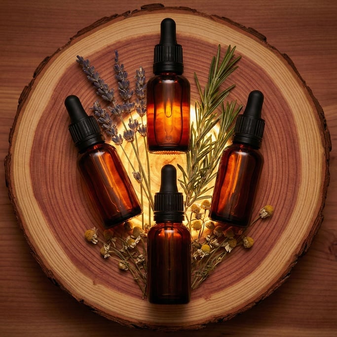 Four essential oil bottles in dark amber glass with black dropper caps form a diamond on a round cedar wood slice