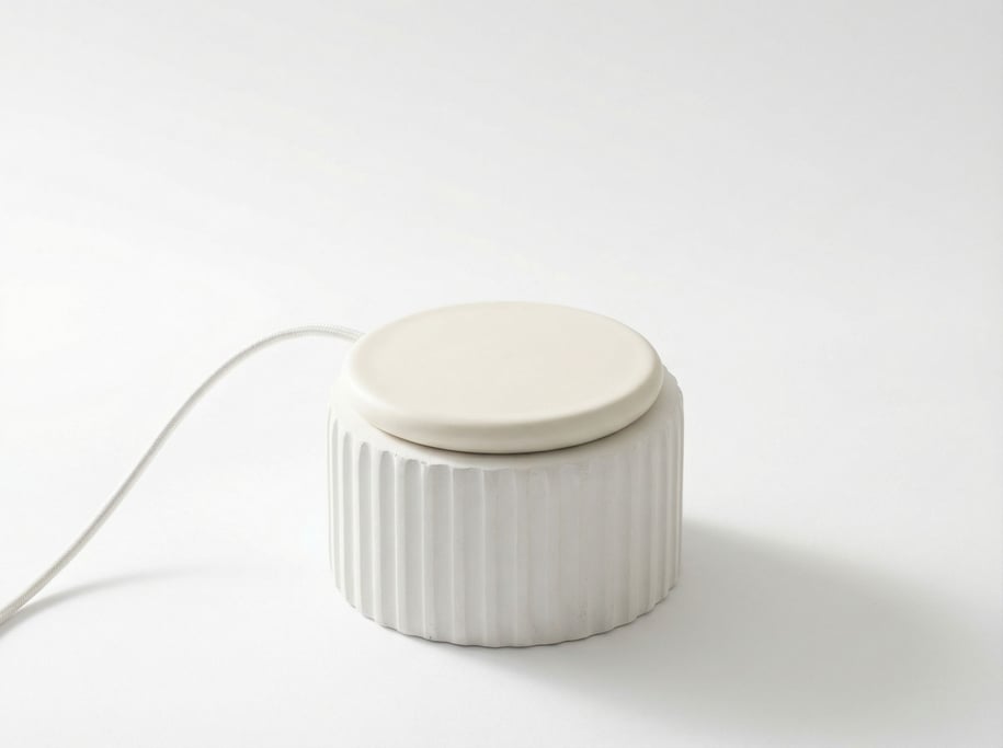 A wireless charging pad in white ceramic on a fluted white plaster pedestal