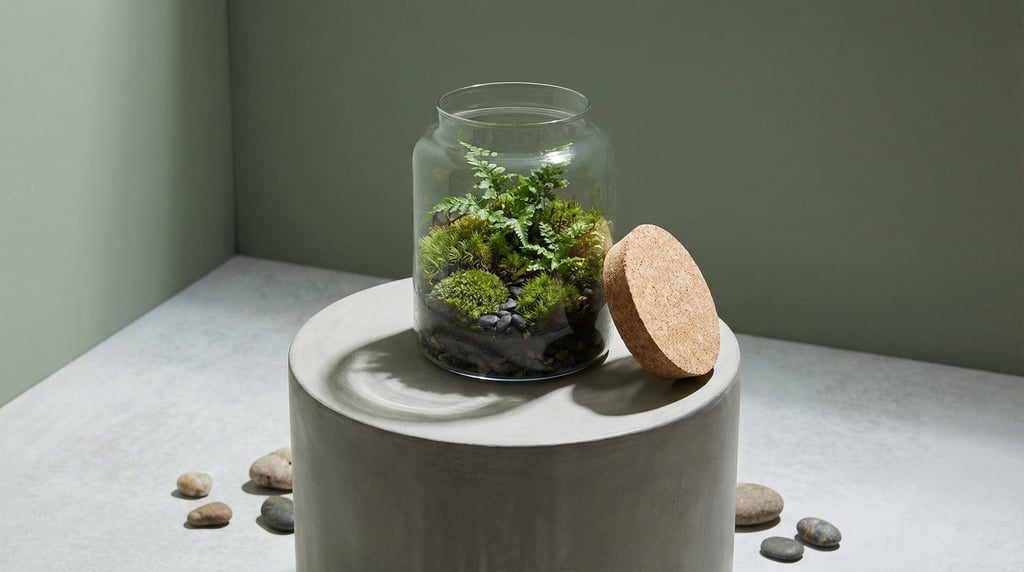A glass terrarium jar with a cork lid on a cylindrical concrete pedestal
