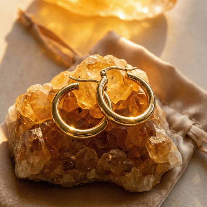 A pair of gold-tone hoop earrings laid on a small piece of raw honey calcite crystal