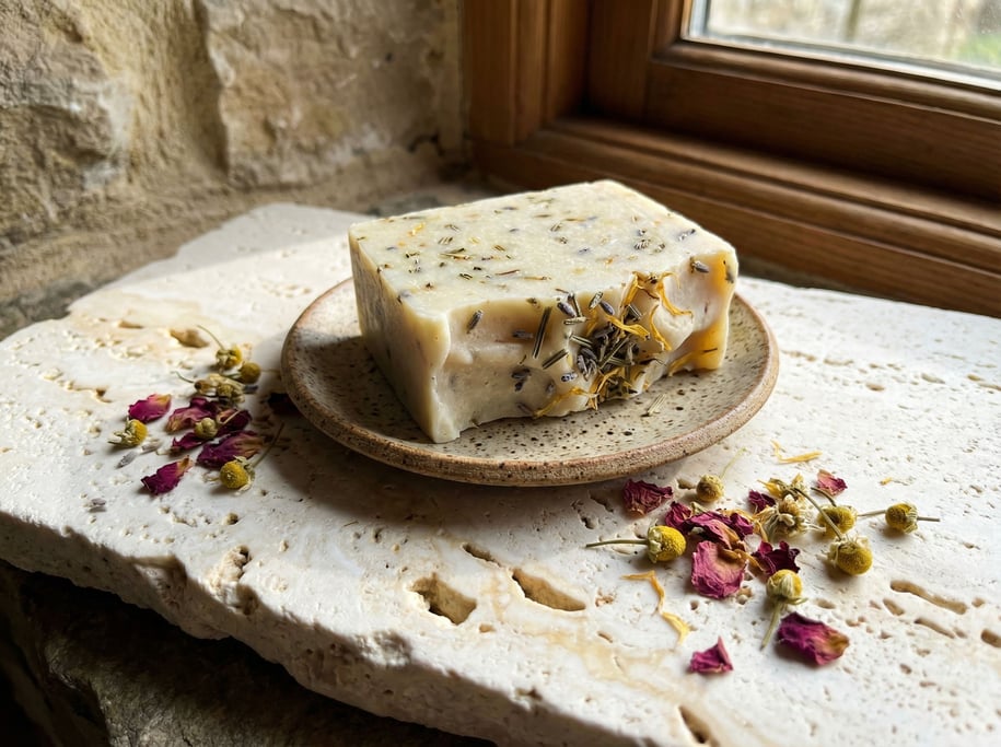Rustic and botanical: a soap bar with visible herb inclusions rests on a ceramic dish atop thick raw