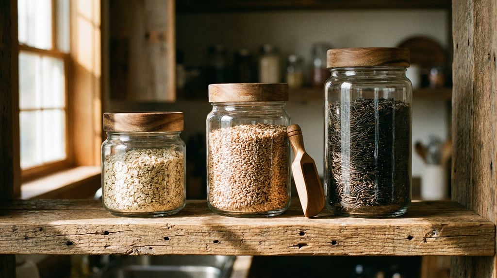 Three graduated glass storage jars with wooden lids march across a reclaimed wood shelf
