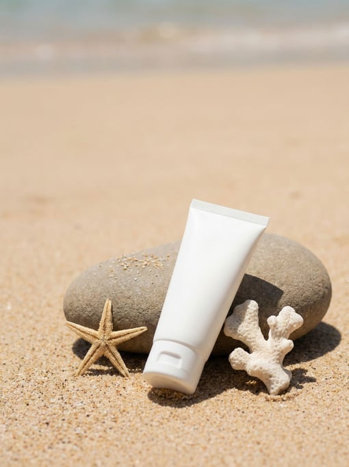 A tube of sunscreen in matte white on a smooth ocean-tumbled stone, warm sand and white palette