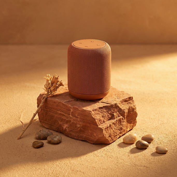 Red sandstone meets terracotta fabric: a small speaker in matching earthy mesh sits on a rough-cut p
